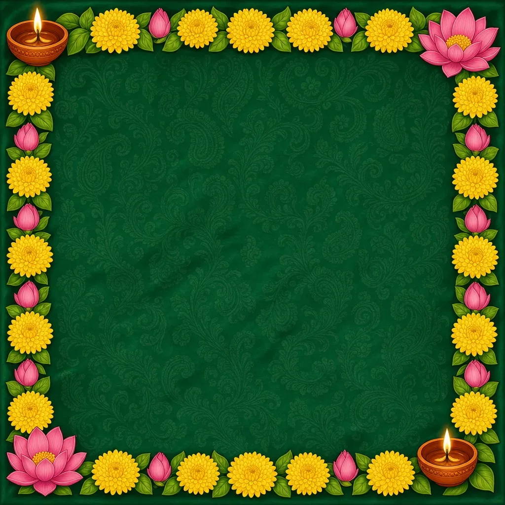 The green felt board with a marigold and lotus border