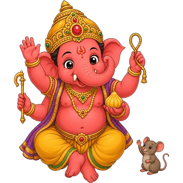 Toddler Ganesha waving, with a modak in one hand and his mouse Mooshika beside him