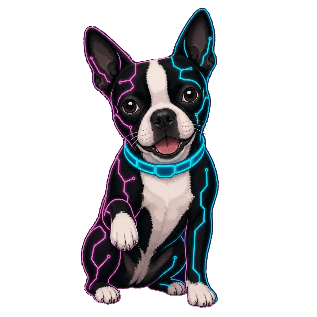 The demo.dog mascot, a Boston Terrier with glowing circuit lines and a neon collar, lifting one paw
