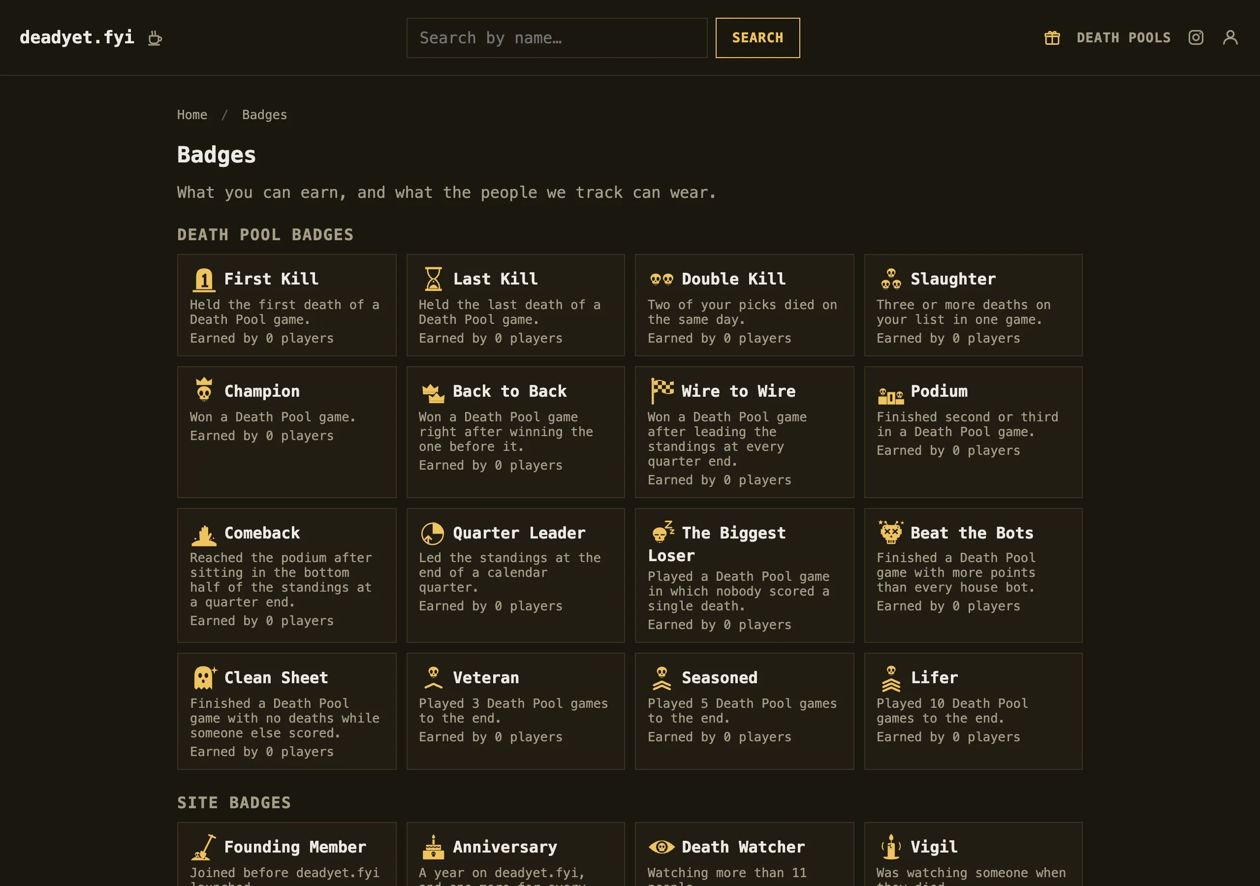 The Badges page: a grid of Death Pool badges such as First Kill, Slaughter, Champion and Podium, each with how many players earned it