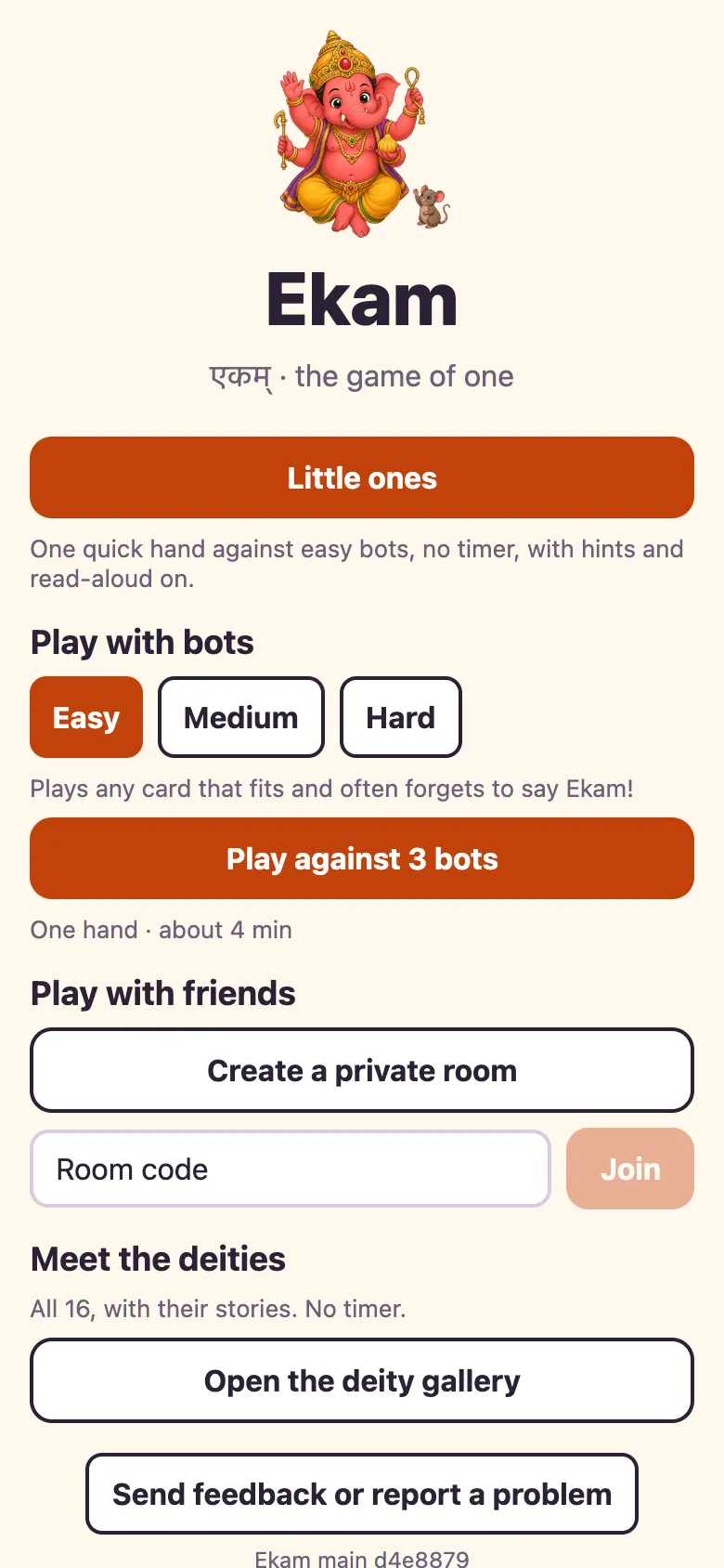 The Ekam home screen on a phone: Ganesha at the top, a Little ones button, bot difficulty, Play against 3 bots, Create a private room, and the deity gallery