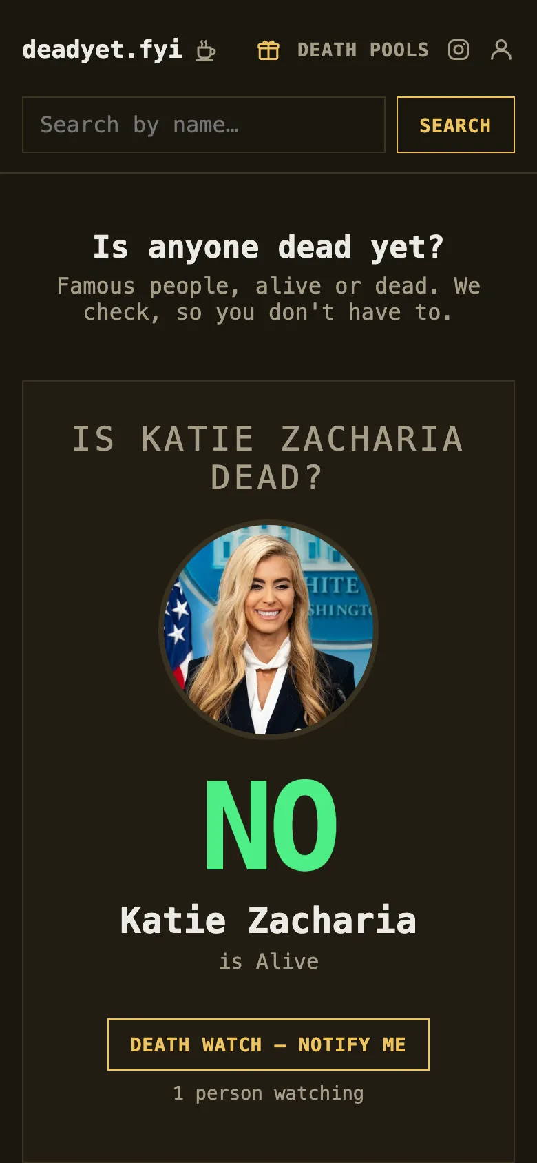 The DeadYet homepage on a phone