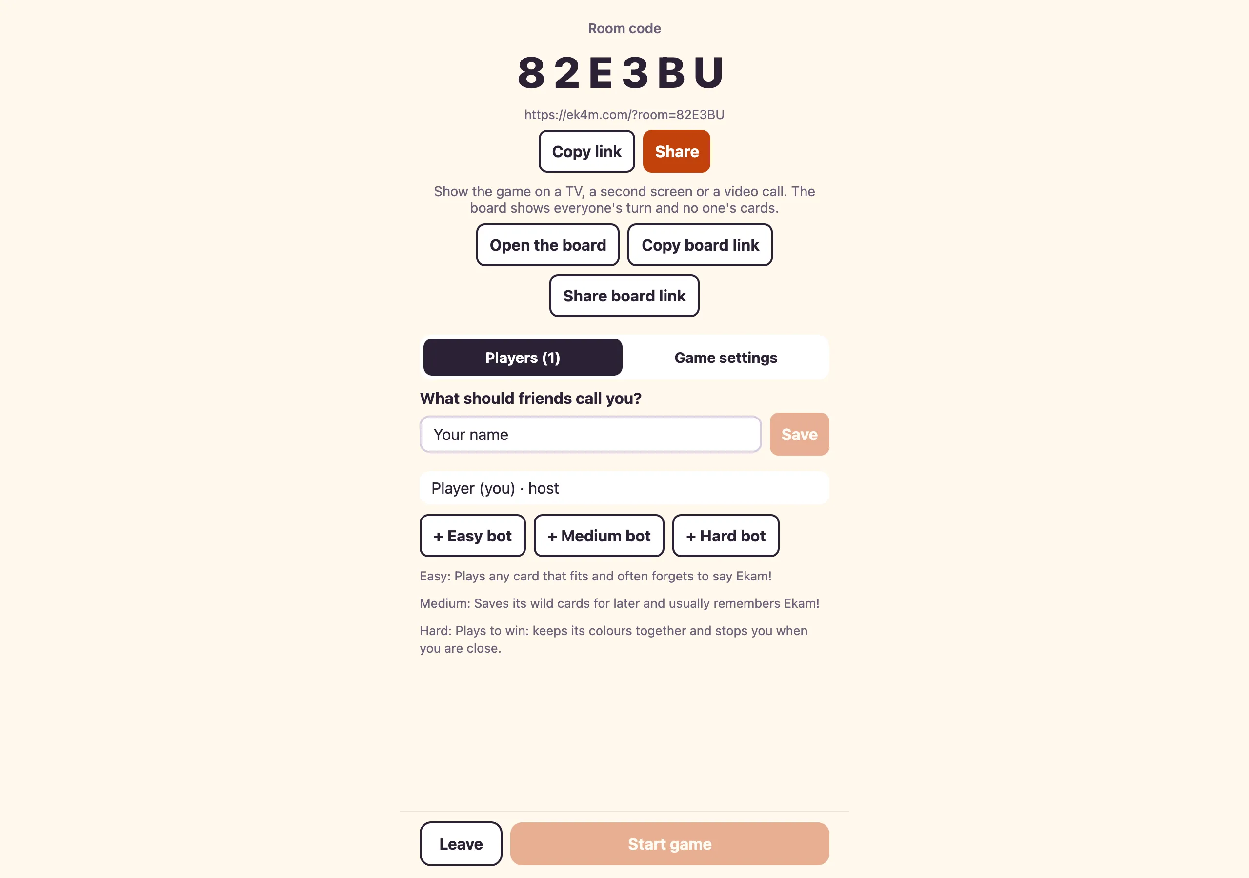 The Ekam lobby: room code 82E3BU, Copy link and Share buttons, board links for a TV, a name field, and buttons to add easy, medium or hard bots