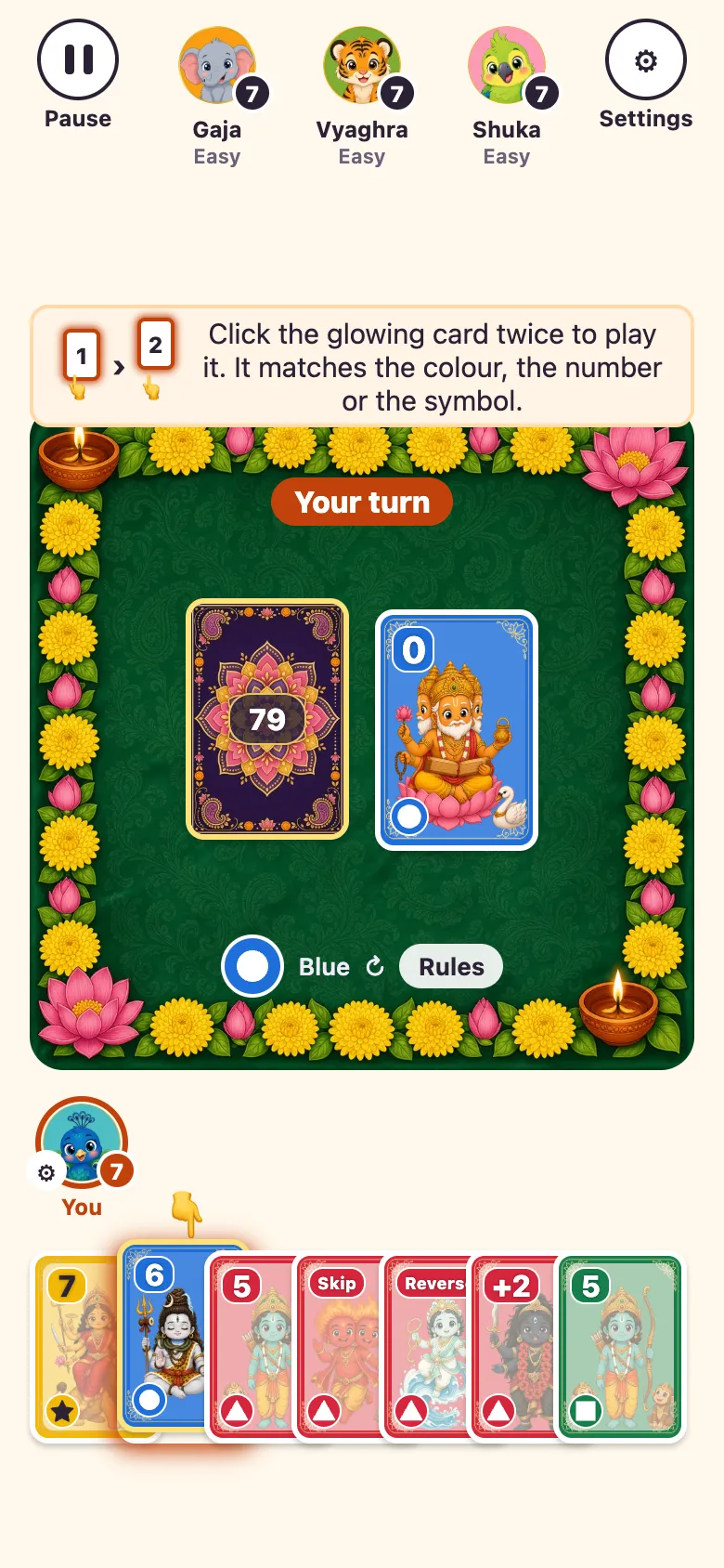 Ekam on a phone: three bots named Gaja, Vyaghra and Shuka across the top, the board in the middle, and the player's hand along the bottom